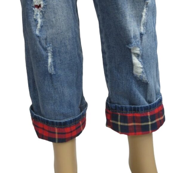 Cartise Distressed Peek-A-Boo Plaid Cuff Stretch Jeans - Picture 2 of 8